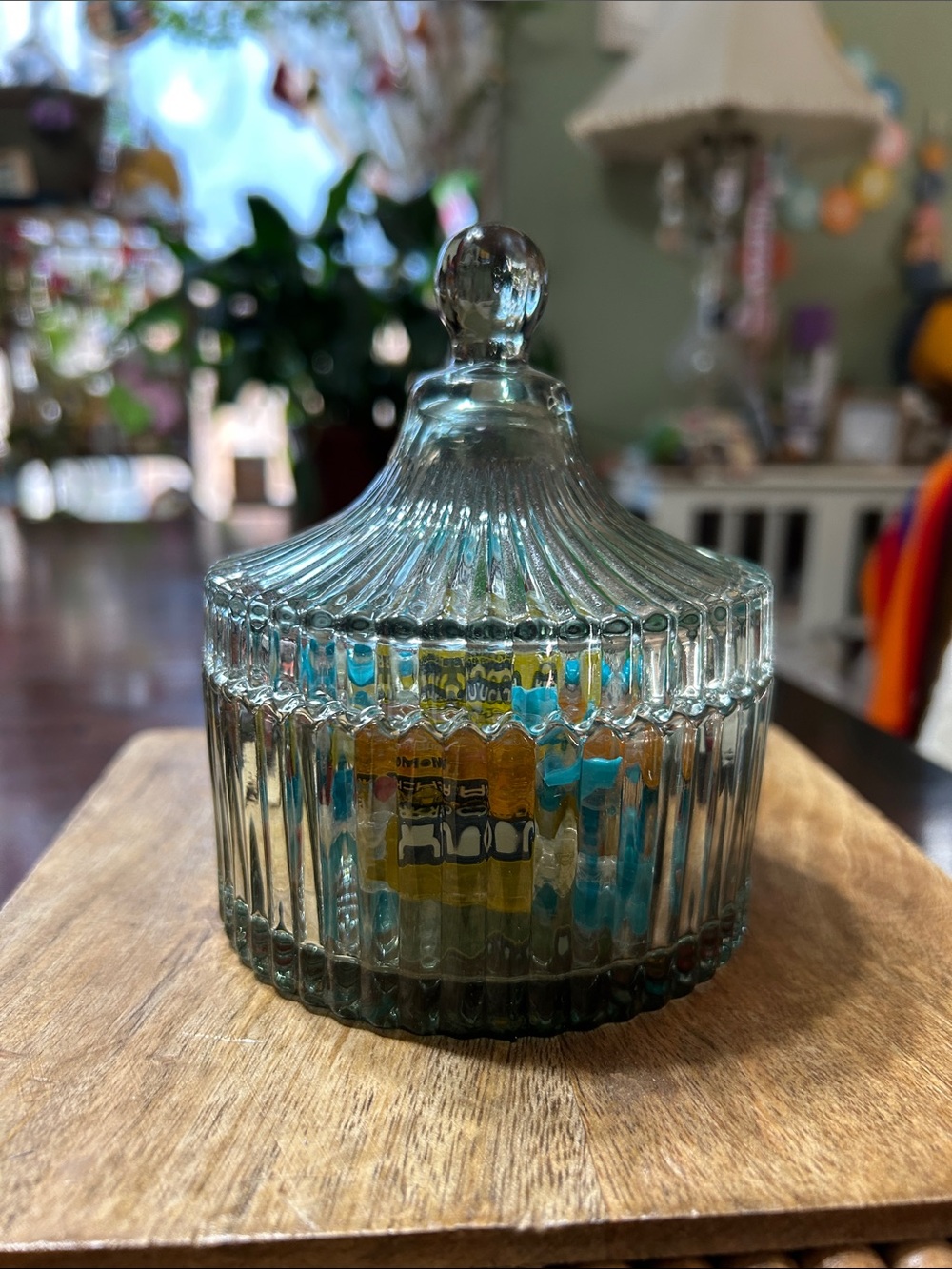 Beautiful Short Ribbed Glass Lidded Jar Candy Dish New NWT Sage Green